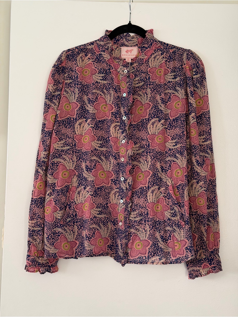 Banjanan Floral Button-Down Blouse - Size M Medium - Artisan Indian Cotton Print